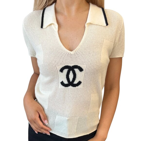 CHANEL Vintage 01C CC Logo Polo Crochet Sweater #38 Knit Top Cream [105630]